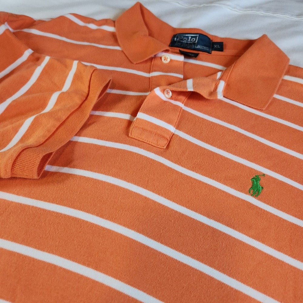 RALPH LAUREN Polo Shirt Mens XL Orange White Striped Green Pony Logo